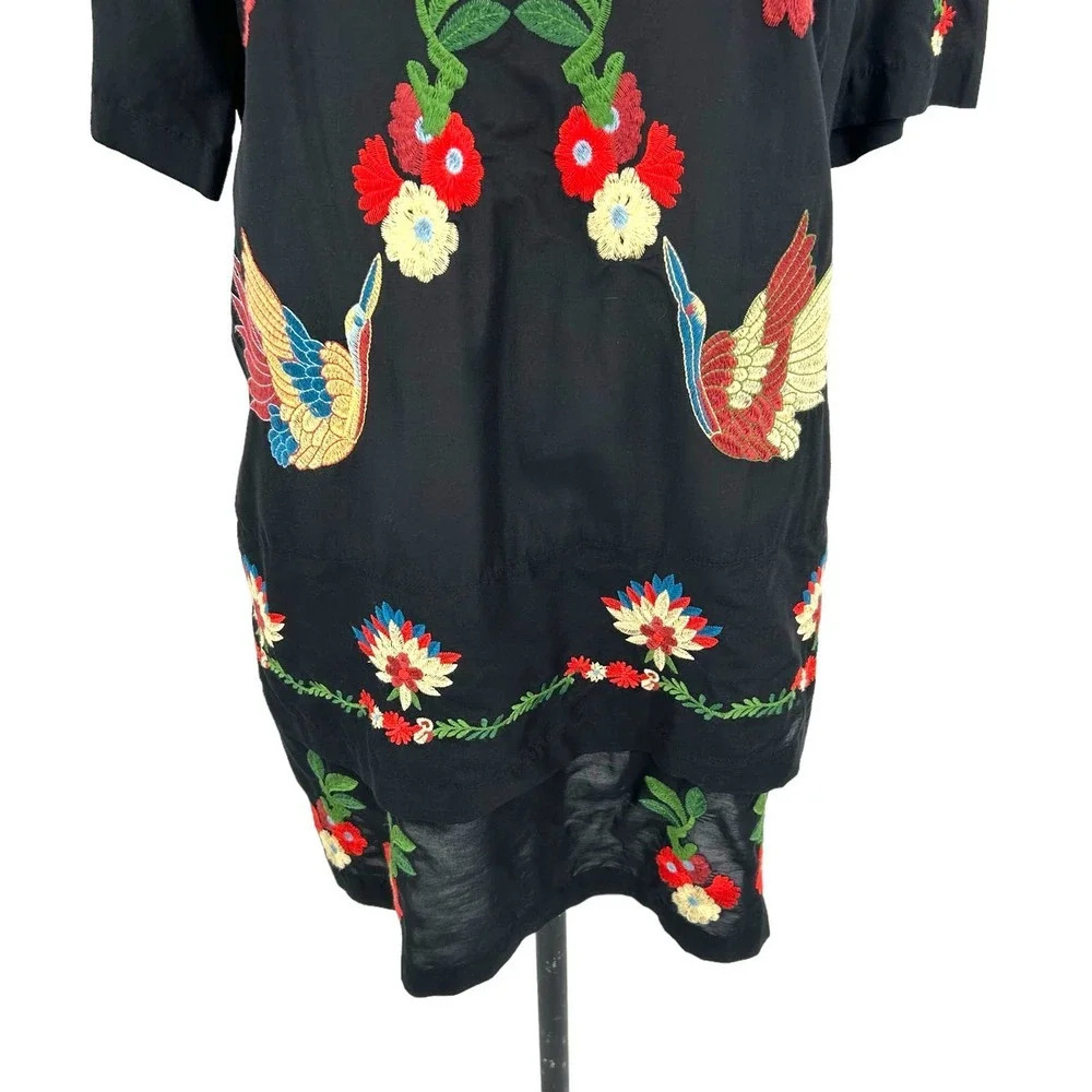 Zara Embroidered Floral Crane Bird Short Black Dress Size XS - Picture 4 of 8
